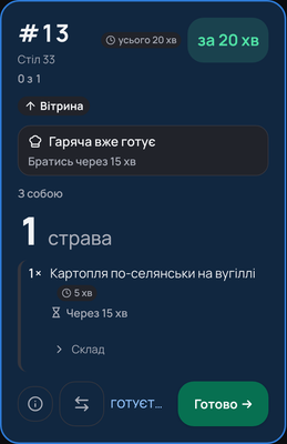 Та сама картка з планшета холодної станції: бейдж «Гаряча вже готує» і рядок «Братись через 15 хв»