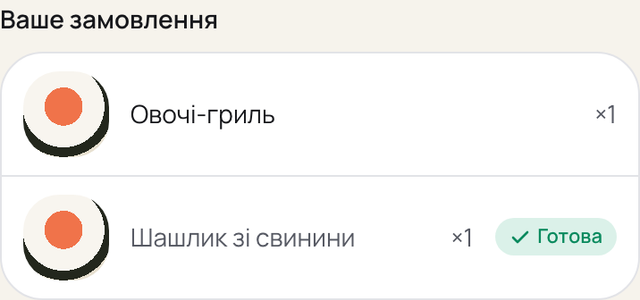 Блок «Ваше замовлення» на телефоні гостя: одна страва з позначкою «Готова», друга ще готується